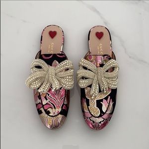 Gucci Pink Brocade Princetown Mule with Pearl Bow